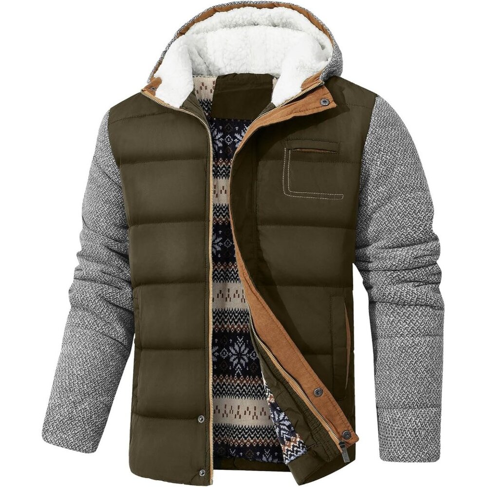 Mens Hooded Puffer Jacket GreenQuilted Body with Contrast Knit Sleeves & Fleece